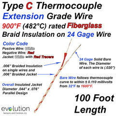 Type C Thermocouple Extension Wire Fiberglass Insulated 24 Gage Solid 100ft Length