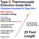 Type C Thermocouple Extension Wire with Fiberglass Insulation 25ft Spool