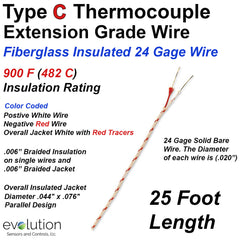 Type C Thermocouple Extension Wire Fiberglass Insulated 24 Gage Solid - 25 ft Long