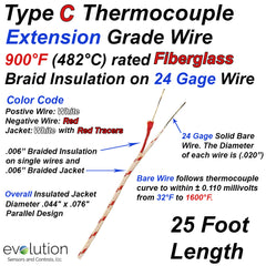 Type C Thermocouple Extension Wire Fiberglass Insulated 24 Gage Solid