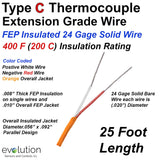 Type C Thermocouple Extension Wire 24 Gage Solid with FEP Insulation -25ft Spool