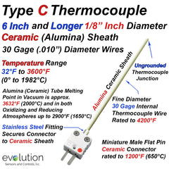 Type C Thermocouple 6 Inch and Longer 1/8" Diameter Ceramic Sheath Ungrounded and Miniature Ceramic Connector