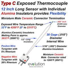 Type C Exposed Thermocouple 12 Inch Long Sensor with Individual Alumina (Ceramic) Insulators provide Flexibility and Miniature Male Ceramic Connector Termination