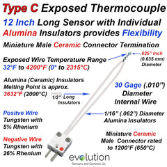 Type C Exposed Thermocouple 12 Inch and LONGER Designs with Individual Alumina (Ceramic) Insulators provide Flexibility and Miniature Male Ceramic Connector Termination