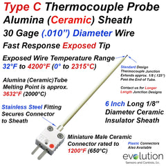 Type C Thermocouple 30 Gage Wire with 6 Inch Long 1/8" Diameter Ceramic Insulator and Miniature Male Ceramic Connector