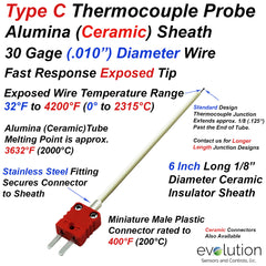 Type C Thermocouple Exposed Junction 30 Gage Wire with Ceramic Alumina 1/8" Diameter Sheath 6 Inches Long with Plastic Miniature Connector