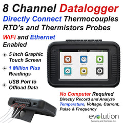 8 Channel Data Logger for Thermocouples, RTD's, and Thermistors - with Graphic Screen Interface