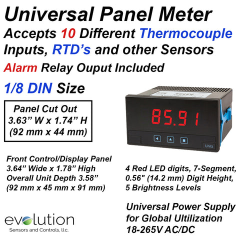 Universal Panel Meter for Thermocouple, RTDs, Infrared and Thermistor Temperature Sensors with 1 Alarm Relay Output