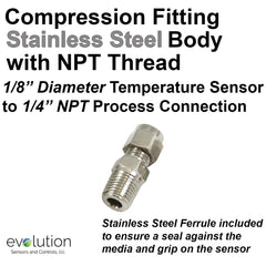 Stainless Steel RTD Compression Fitting 1/4 NPT to 1/8" Diameter Probe