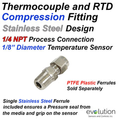 Thermocouple Compression Fitting Stainless Steel 1/4 NPT to 1/8 probe