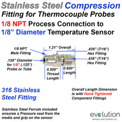 Thermocouple Compression Fittings - Stainless Steel Design with 1/8 NPT Process Connection to 1/8" Inch Diameter Probes or Tubes