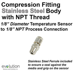 Thermocouple Compression Fitting Stainless Steel 1/8 NPT to 1/8 probe
