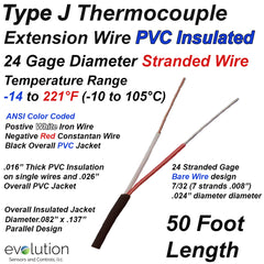 Type J Thermocouple Extension Wire 24 Gage Stranded PVC Insulated 50 ft Long