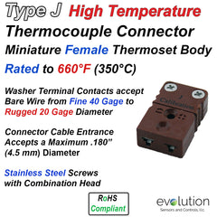 Type J High Temperature Miniature Female Thermocouple Connector - Thermoset Design