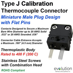 Type J Miniature Male Thermocouple Connector - Flat Pin Male Plug Design