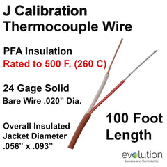 Type J Thermocouple Wire with 500 F rated PFA Insulation 100 feet Long