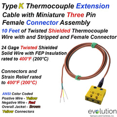 Type K Three Pin Thermocouple Extension Cable - 10ft of Twisted Shielded Wire with Miniature Three Pin Female Connector and Stripped End Termination