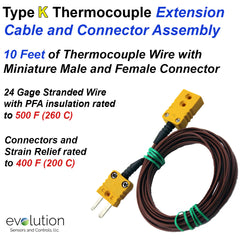 Thermocouple Extension Cable Type K PFA Insulated Wire with Miniature Male and Female Connector