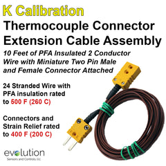 Thermocouple Connector Extension Cable Type K - PFA Insulated Wire with Miniature Male and Female Connector