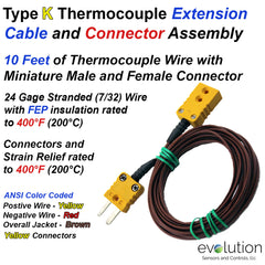 Thermocouple Extension Cable Type K FEP Insulated Wire with Miniature Male and Female Connector