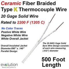 High Temperature Ceramic Fiber Insulated Thermocouple Wire Type K 20 Gage Solid Wire 500 ft Long