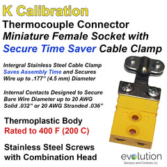 Miniature Female K Calibration Thermocouple Connector with Integral Cable Clamp