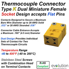 Type K Dual Miniature Thermocouple Connector - Female Jack Design
