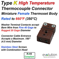 Type K High Temperature Miniature Female Thermocouple Connector - Thermoset Design