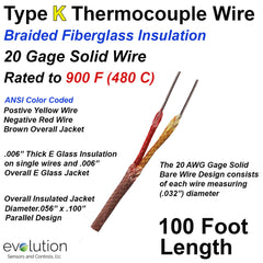 Fiberglass Insulated Type K Thermocouple Wire 20 Gage Solid
