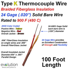 Type K Thermocouple Wire 24 Gage with 900 F (480 C) rated Fiberglass Insulation - 100ft Long with .020" Solid Wire