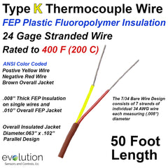 Type K Thermocouple Wire 24 Gage Stranded FEP Insulated 50 ft Long