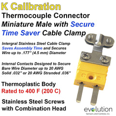 Type K Male Miniature Thermocouple Connector with Integral Wire Clamp