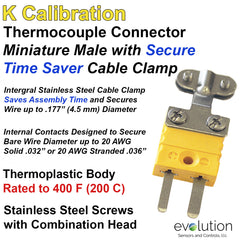 Miniature Male K Calibration Thermocouple Connector with Integral Cable Clamp