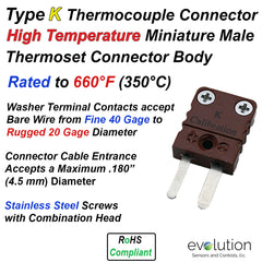 Type K High Temperature Miniature Male Thermocouple Connector - Thermoset Design