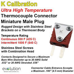 Type K Miniature Male Ultra High Temperature Thermocouple Connector - Continuous Temperature Range 800 F (425 C) and Intermittent of 1000 F (540 C)