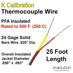 Type K Thermocouple Wire 24 Gage Solid PFA Insulated 25 ft Long