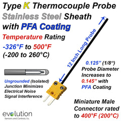 Type K PFA Coated Thermocouple Probe 1/8" Diameter 12 Inches Long with an Ungrounded Junction and Miniature Connector