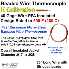 Micro Beaded Thermocouple Type K with 80 inches of PFA Lead Wire with Stripped Leads