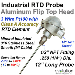 RTD Probe with 1/2 "NPT Fitting and Aluminum Flip Top Connection Head - 12 Inch Long x 1/4" Diameter Stainless Steel Probe