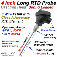 Industrial RTD with Cast Iron Connection Head and Spring Loaded 4 Inch Long 1/4" Diameter Stainless Steel Probe