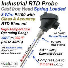 Industrial RTD with Cast Iron Connection Head and Spring Loaded 9 Inch Long 1/4" Diameter Stainless Steel Probe