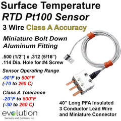 Class A Accuracy Miniature Bolt Down RTD Surface Temperature Sensor - PFA Lead Wire and Connector