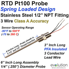 Spring Loaded RTD Probe 6" Long 1/4" Diameter with 1/2" NPT Fitting and Lead Wires