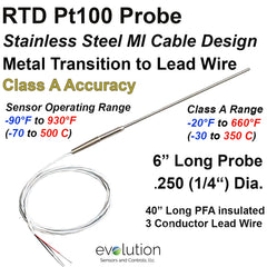 RTD Probe with Metal Transition to Lead Wire - 6" Long 1/4" Diameter