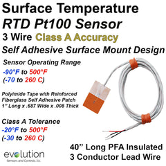 RTD Surface Temperature Sensor - Self Adhesive Patch with 40" of PFA Lead Wire - 3 Wire Class A Accuracy