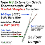 Type RS Thermocouple Extension Wire - Fiberglass Insulated 24 Gage Solid Wire Diameter