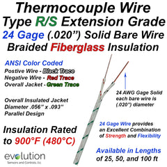 Type RS Thermocouple Extension Wire - Fiberglass Insulated 24 Gage Solid Wire Diameter