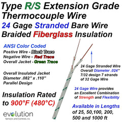 Type RS Thermocouple Extension Wire - Fiberglass Insulated 24 Gage Stranded Wire Diameter