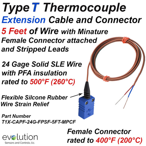 Type T Thermocouple Extension Cable Assembly 5 Long Wire Leads with Miniature Female Connector and Stripped Leads