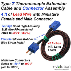 Type T Thermocouple Extension Cable 4ft Long with Miniature Male and Female Connectors Termination